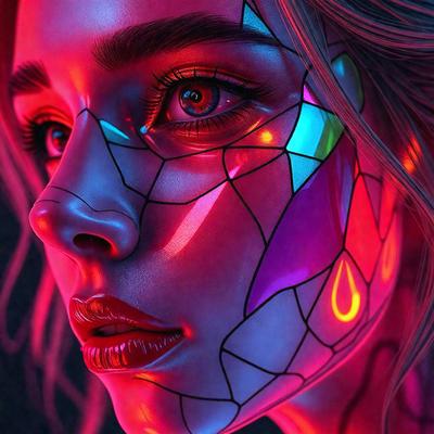 The primary subject of the image is a woman with a unique and artistic appearance. She has a blue and pink face, which gives her a distinctive look. The setting is a dark room, and the visual style is a combination of digital art and illustration. The colors and mood of the image are vibrant and creative, with the woman's face being the main focus of the image.